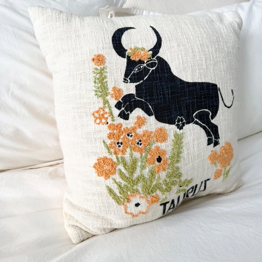 Urban Outfitters Taurus Embroidered Pillow Zodiac Bull Floral Cotton Cushion